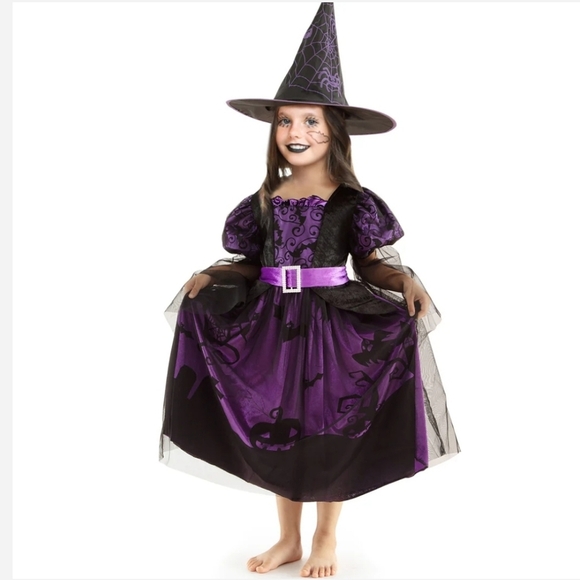 XIFEINIU Halloween Witch Costume  Dress Set Purple & Black Size 8 to 10 years - Picture 1 of 7